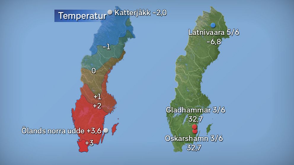 Till vänster månadens medeltemperatur jämfört med referensperioden 1961–1990 (och de stationer som fick störst/minst över/underskott). Till höger månadens högsta och lägsta temperatur. Källor: SMHI och StormGeo.