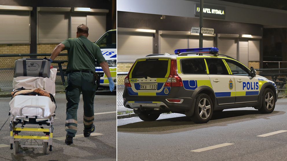 Ambulanspersonal som anländer till platsen och en polisbil.