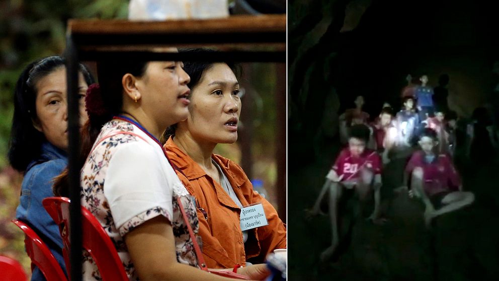 De thailändska pojkarna kan tvingas stanna kvar i gruvan i månader innan de kan räddas därifrån. Till vänster anhöriga som väntar på besked.