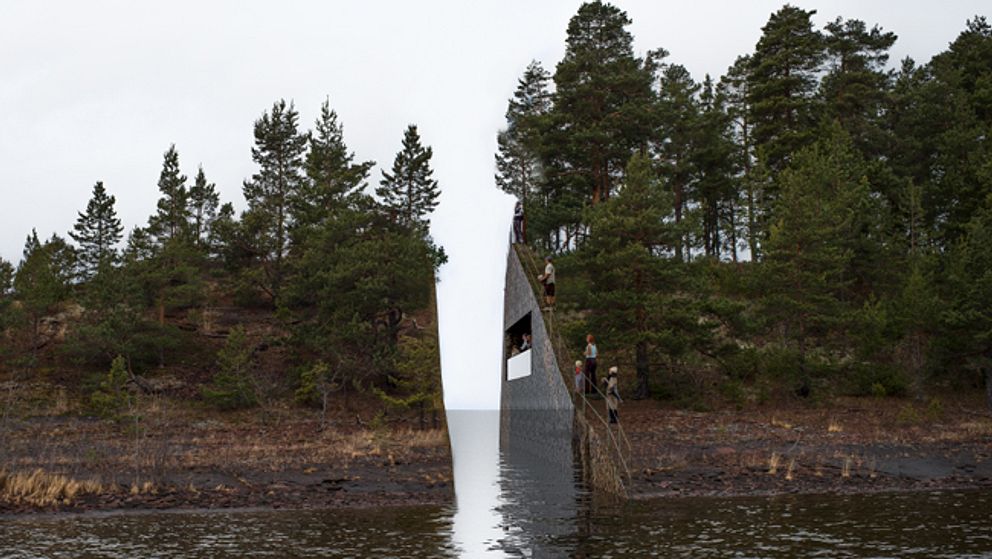Såhär tänker sig Jonas Dahlberg minnesmärket tvärsöver vattnet från Utøya, närmare bestämt vid Sørbråten. Bergsmassa ska skäras bort från udden, så att det blir en gapande glipa emellan delarna, där vattnet flyter igenom.