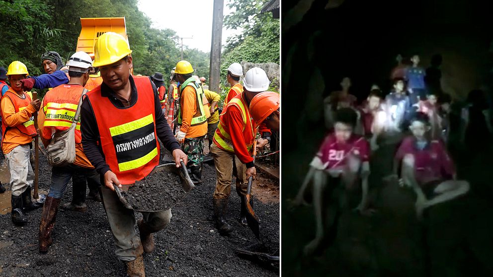 Människor som arbetar med räddningen av pojkarna. Och en bild på pojkarna där de sitter fast i gruvan.