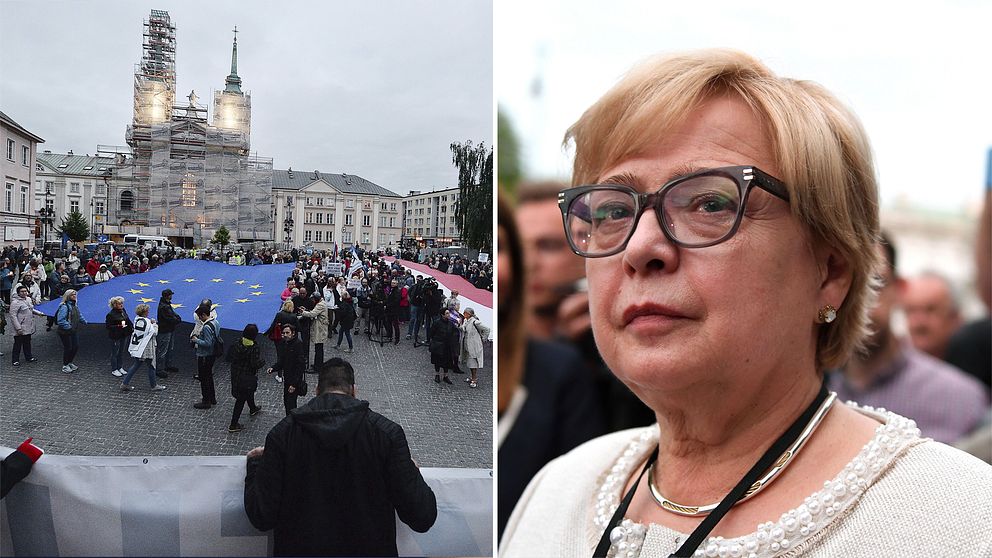 Protester i Polen mot rättsreformen samt bild på polska chefsdomaren Malgorzata Gersdorf.