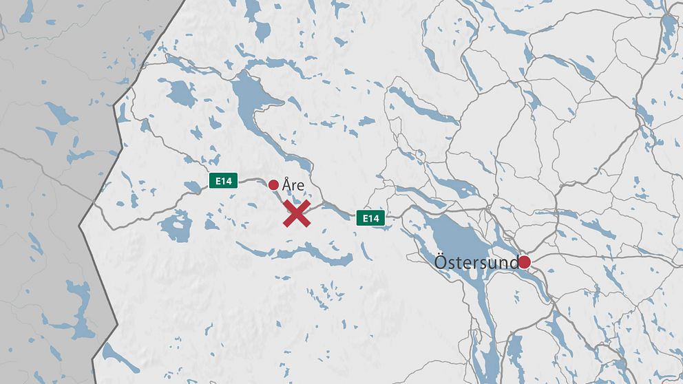 En karta över delar av Jämtland där Åre och Östersund finns utmarkerade samt ett rött kryss vid olycksplatsen.