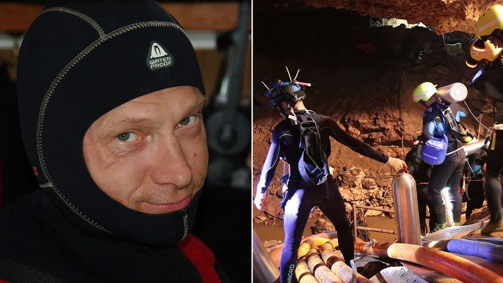 Grottdykarinstruktören Stefan Hogeborn och en bild på några dykare vid grottan i Thailand.