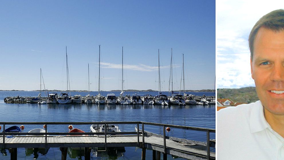 En bild på Kosters gästhamn och en på Mikael Barthold.