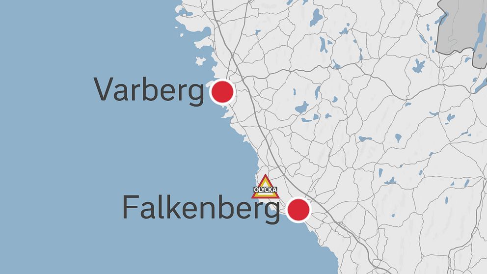 Karta som utmarkerar trafikolycka mellan Varberg och Falkenberg.