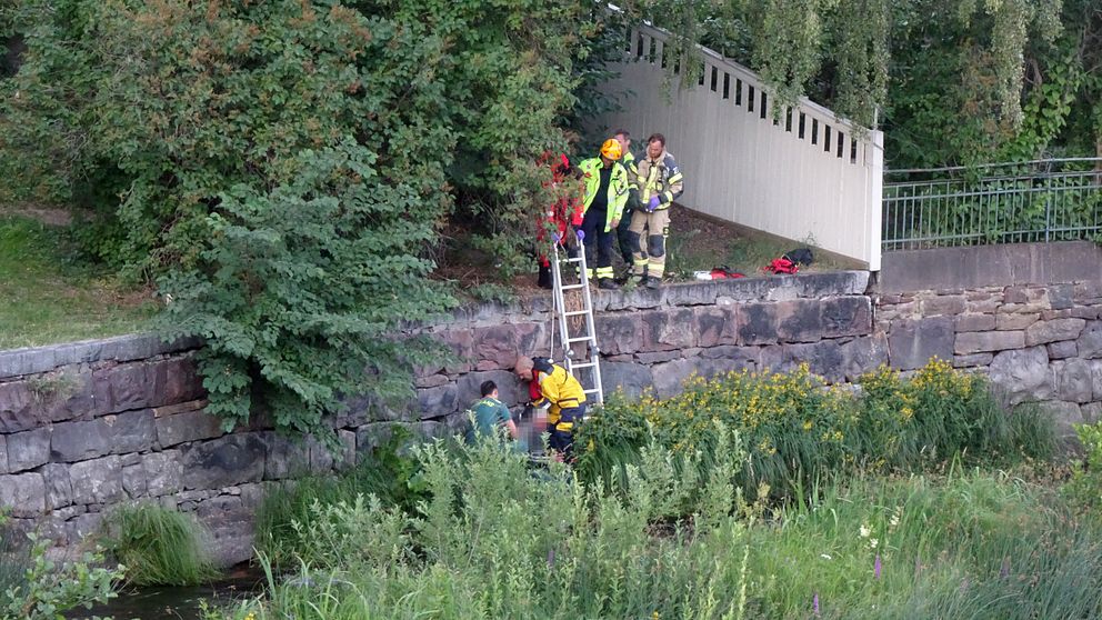 räddningspersonal vid hög stenmur längs åkanten, hjälper en person