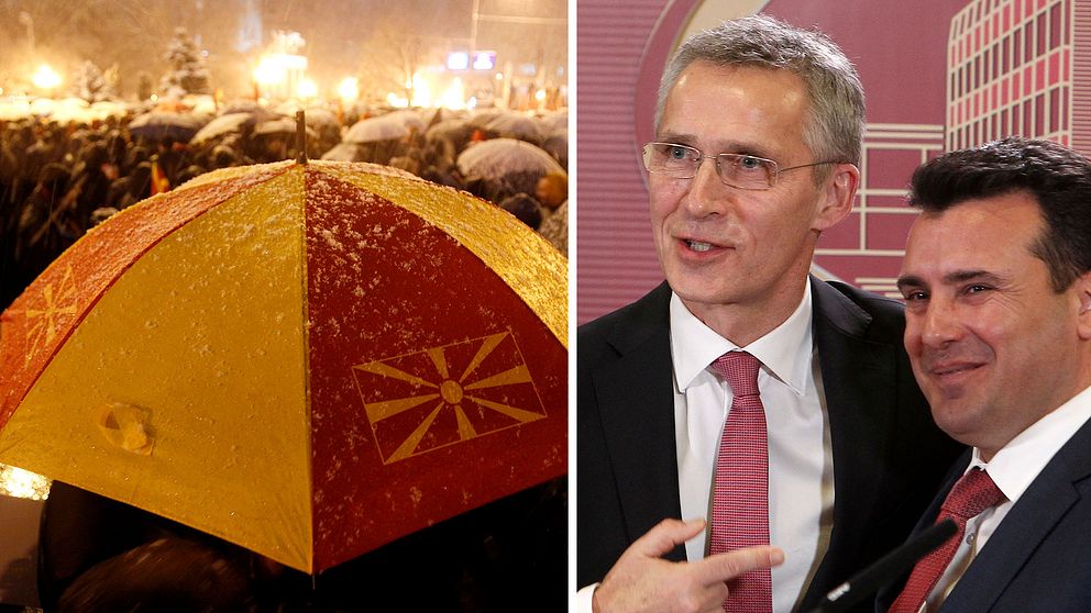 En bild på ett paraply prydd med Makedoniens flagga samt en bild på Jens Stoltenberg, Natos generalsekreterare tillsammans med Makedoniens premiärminister Zoran Zaev.