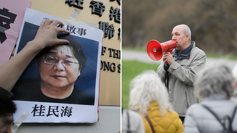 Initiativtagaren till fredagens manifestation, författaren och journalisten Kurdo Baksi, under en tidigare manifestation för den fängslade förläggaren Gui Minhai utanför Kinas ambassad.