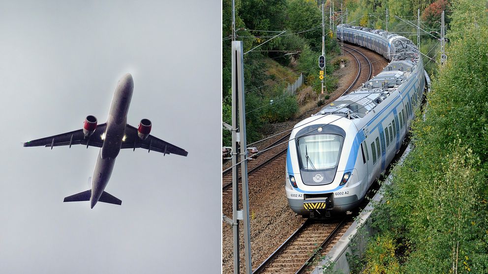 Ett flygplan i luften, sammansatt med ett tåg.