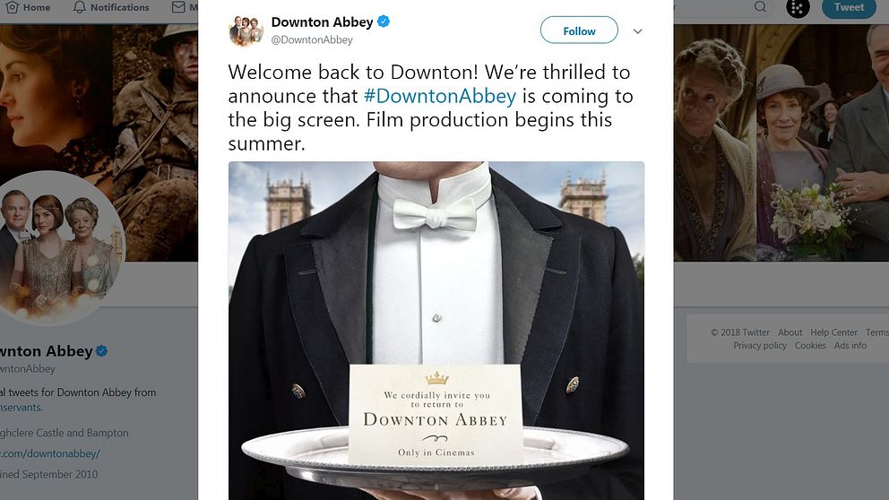 Bekräftelsen om att Downton Abbey ska bli film kom under fredagen på tv-seriens officiella twitterkonto