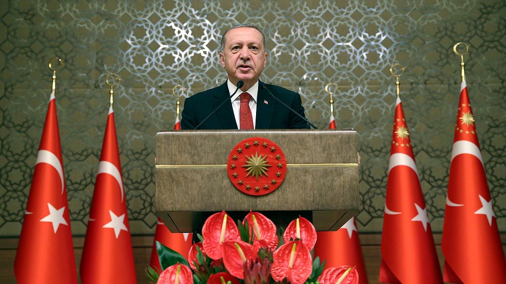 Turkiets president Recep Tayyip Erdogan i ett tal på fredagen.