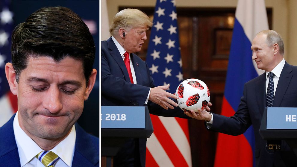 Paul Ryan, Trump får en fotboll av Putin i Helsingfors.