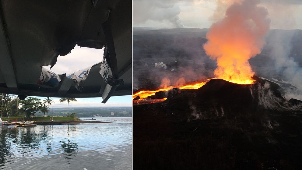 Hålet i båten efter att den träffats av lavabomben.