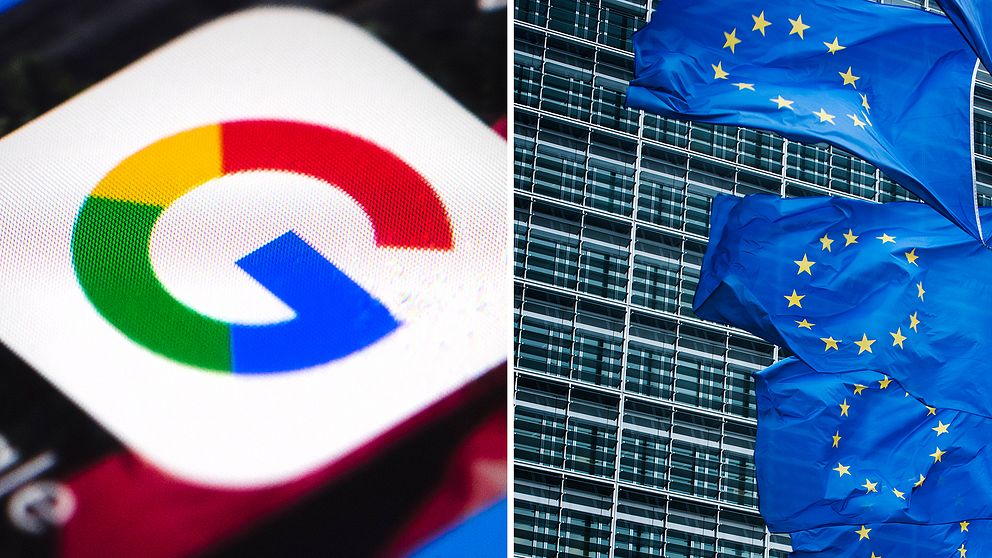 Bild på Googles logga på en telefon samt EU-flaggor