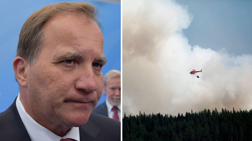 Statsminister Stefan Löfven samt en bild från en skogsbrand