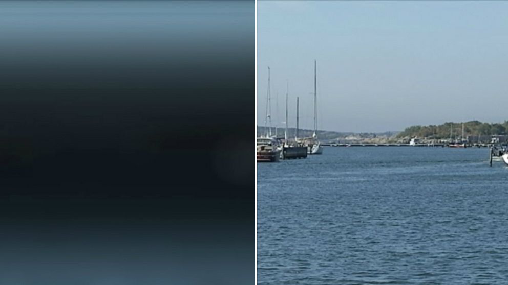 En tvådelad bild. Till vänster är bilden blå, med en mörkare skugga i mitten. Till höger föreställer den ett hamninlopp med segelbåtar på båda sidor och klippor vid horisonten.