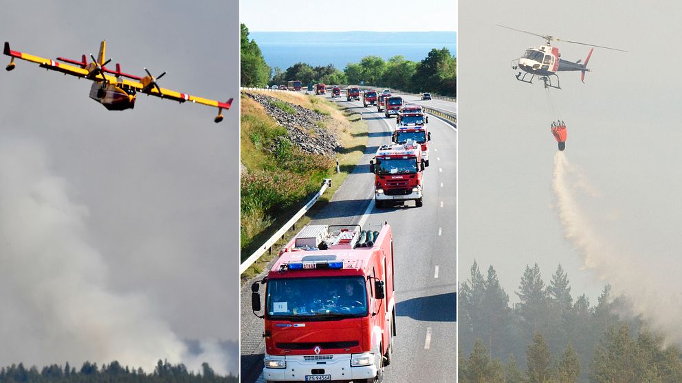 Flygplan, brandbilar och helikopter.