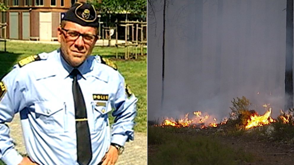 En bild på Robert Karlsson, tillförordnad regionpolischef, och en skogsbrand.