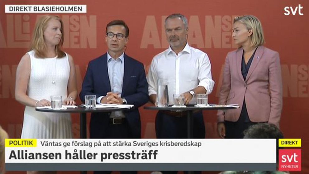 Alliansledarna Annie Lööf (C), Ulf Kristersson (M), Jan Björklund (L) och Ebba Busch Thor (KD).