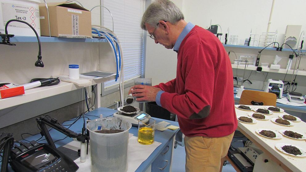 I ett lab testar forskaren Johan de Faire ett korkgranulat med mikroorganismer som ska kunna bryta ner olja.