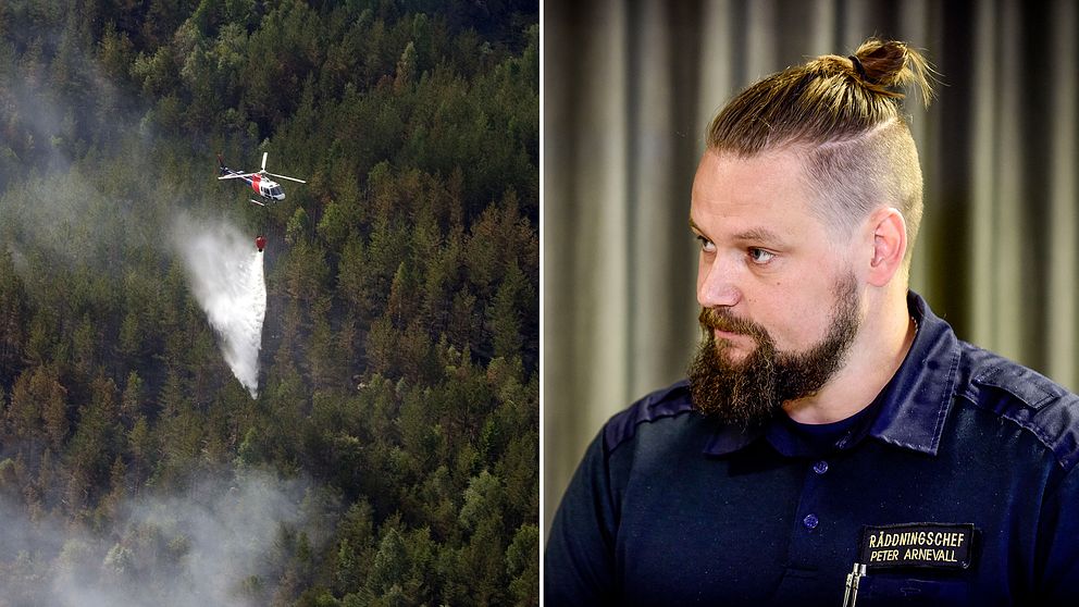 Delad bild: Först en med en helikopter som vattenbombar vid en av bränderna som härjat, samt en bild på en av räddningscheferna Peter Arnevall.