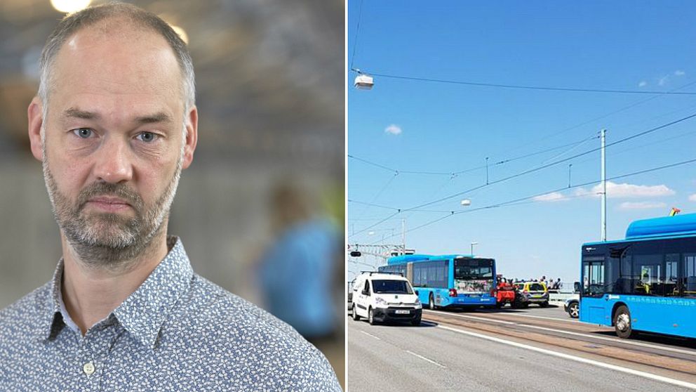 En bild på Kristian Lans och på en buss.