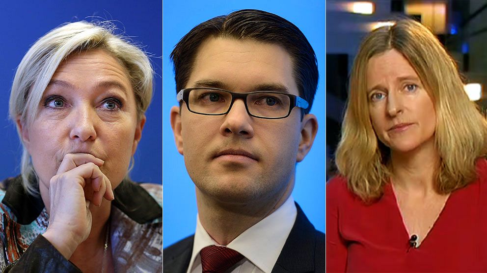 Marine Le Pen, Jimmie Åkesson och SVT:s Ulrika Bergsten.