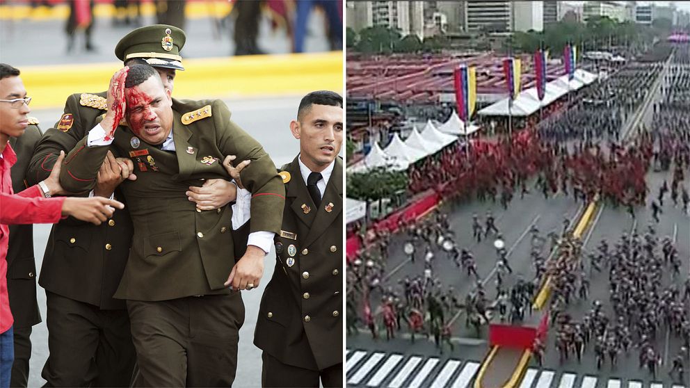 Bild på blodig militöär som förs bort samt bild på när folkmassan skingras efter explosionsljud i Venezuela.