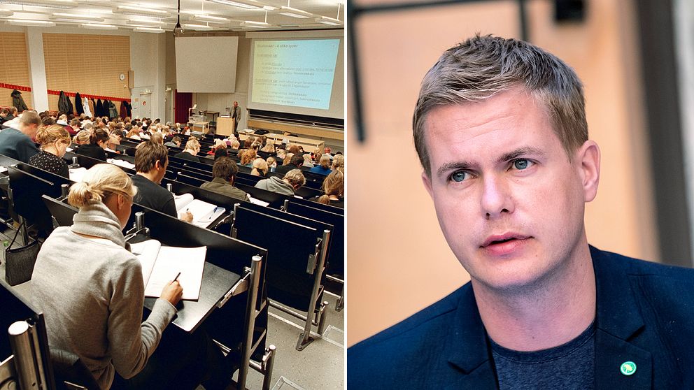 Delad bild: Först på studenter som sitter och lyssnar på en föreläsning, samt en bild Miljöpartiets språkrör Gustav Fridolin.