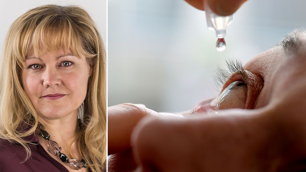 Halva bilden på reporter Josefin Lennen Merckx och halva bilden på en person som använder ögondroppar