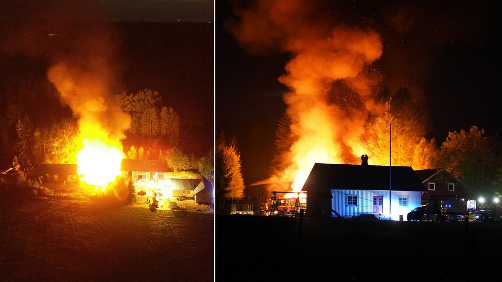 Lågor som slår upp från ladugårdsbranden.