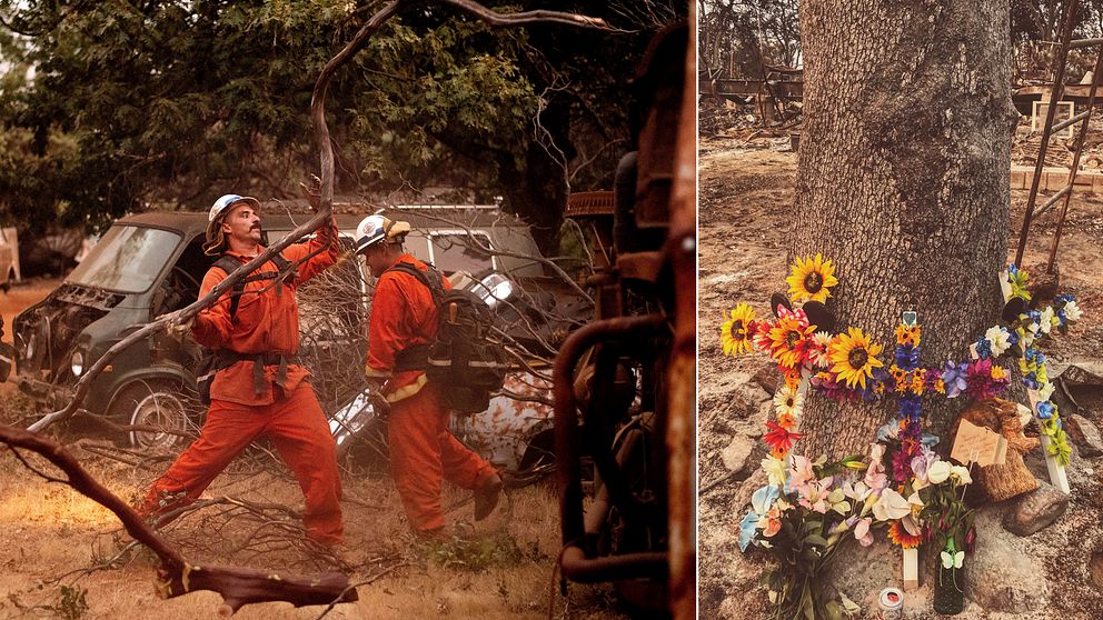 Till vänster fångar som deltar i brandbekämpningen i Kalifornien. Till höger platsen där en brandman dog medan han bekämpade Carr Fire utanför Redding.