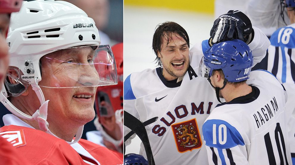 Till vänster Rysslands president Vladimir Putin under en hockeymatch tidigare i år. Till höger den finske hockeylegendaren Teemu Selänne som påstås komma medverka i vänskapsmatchen.