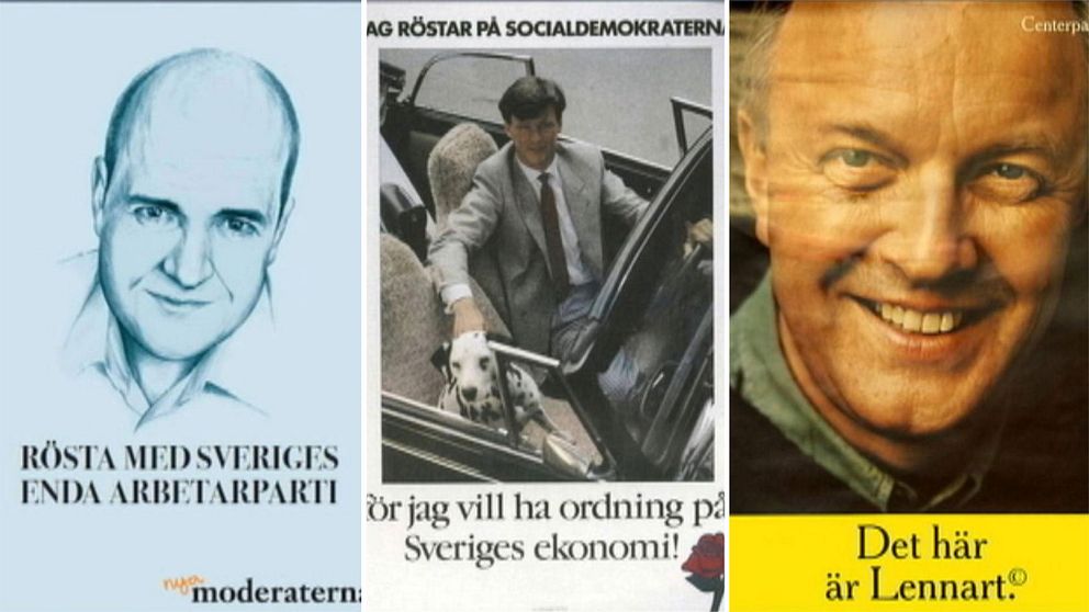 Från vänster: Moderaternas affisch 2010, Socialdemokraternas affisch från 1985 och Centerpartiets affisch från 1998.