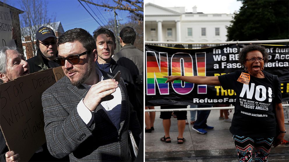 Foto på Jason Keller och foto på motdemonstranter utanför Washington DC dagen innan demostrationen