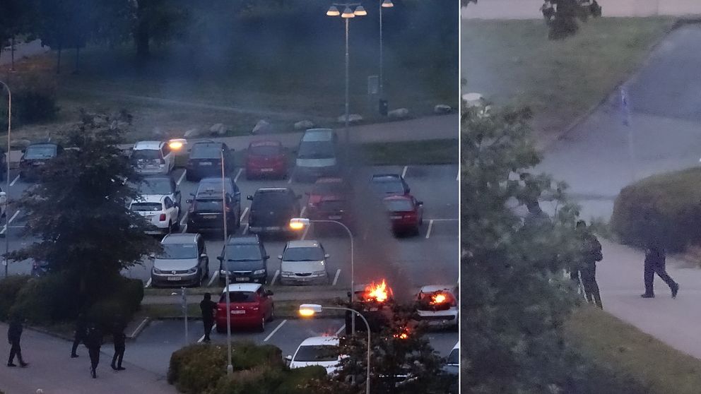 Ett ögonvittnes bilder på svartklädda personer som tänder eld på bilar och sedan springer från platsen.