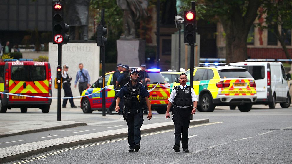 Parlamentet i London är stängt och omringat av polis sedan en man kört in i en betongbarriär och skadat flera personer.