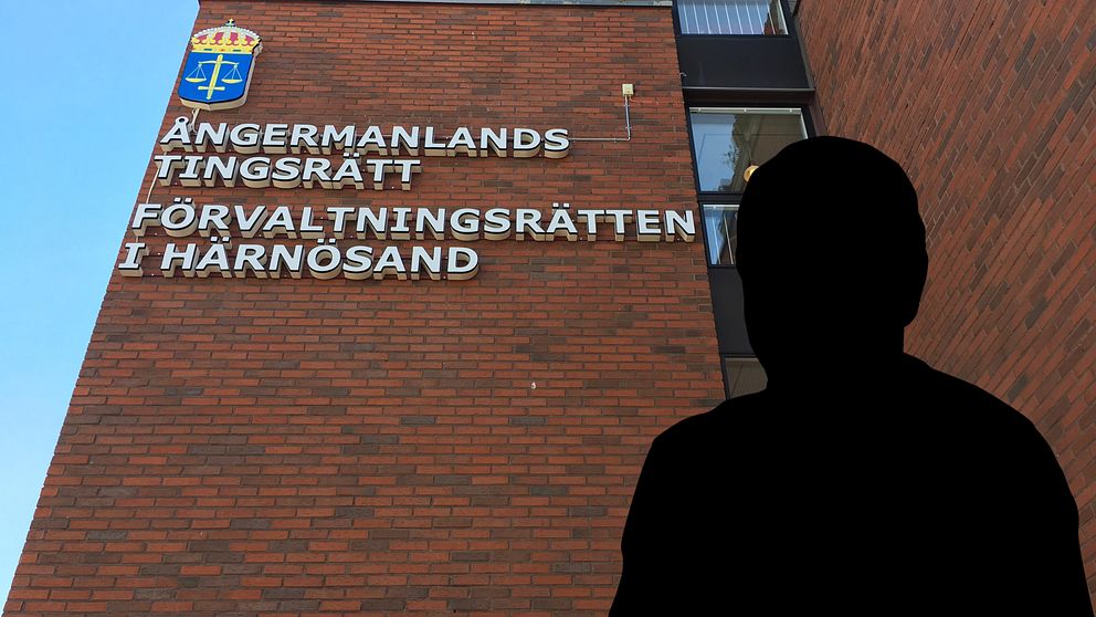 Ett kollage med en bakgrundsbild på Ångermanlands tingsrätt samt en siluette av en manlig person.