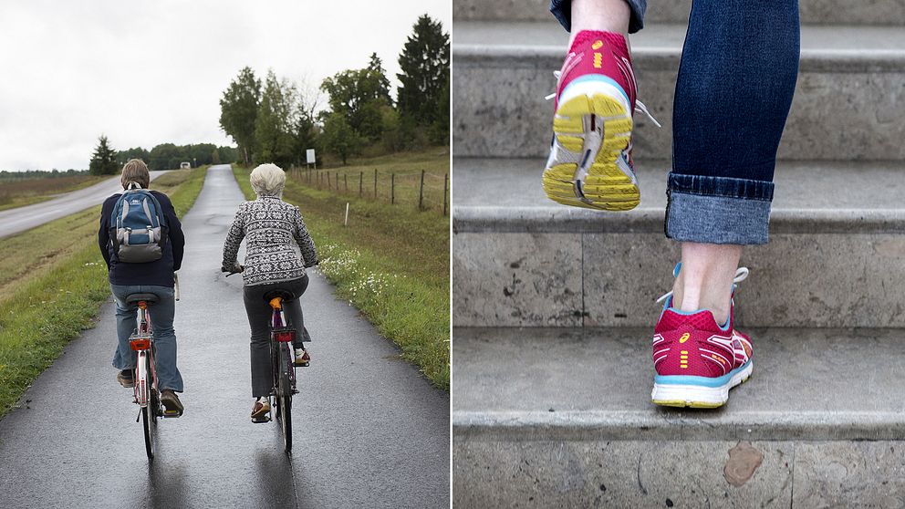 Delad bild: Först två personer som cyklar, samt en bild på en person som går upp för en trappa.