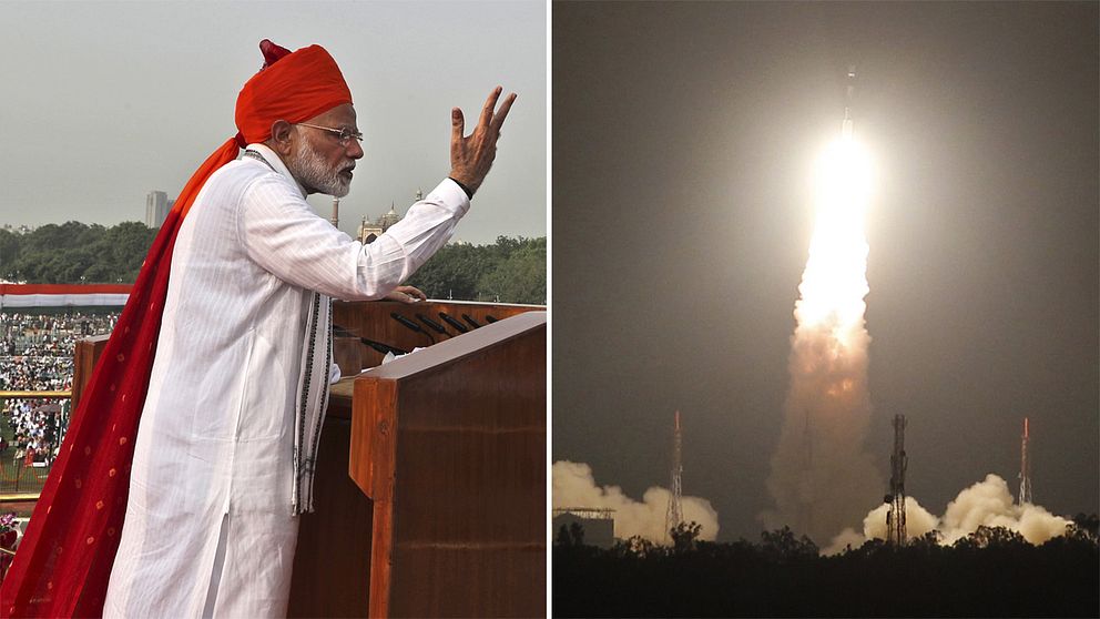 Indiens premiärminister Narendra Modi och en satellituppskjutning i Indien 2017.