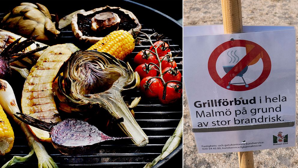 Grillade grönsaker och en skylt med grillförbud