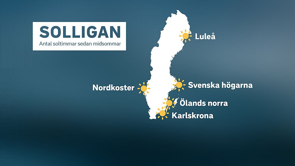 Foto på en karta av Sverige där fem ställen står utmärkta som har fått flest antal soltimmar under sommaren, nämligen Luleå, Nordkoster, Svenska högarna, Ölands norra och Karlskrona