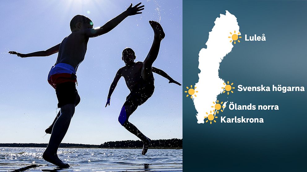 Foto på två pojkar som leker i solen och foto på en karta över Sverige med några av de soligaste ställena i Sverige