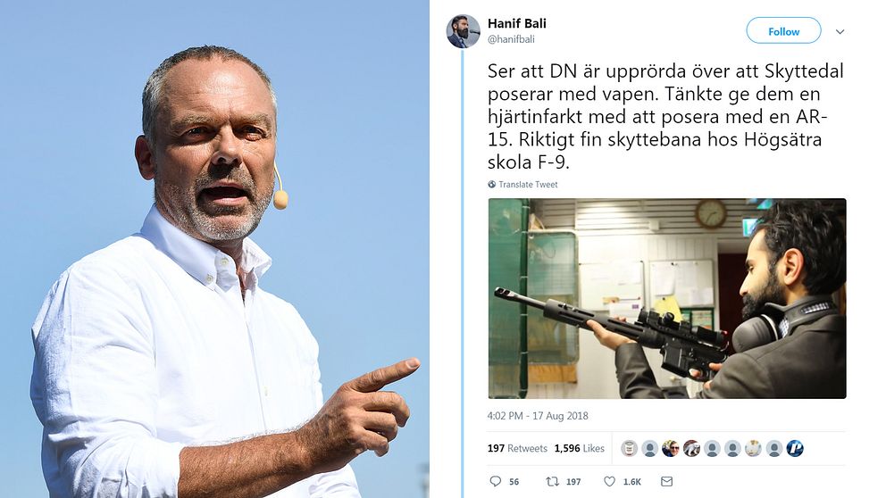 AR-15 är ett vapen som är vanligt förekommande i skolskjutningar i USA. Bilden på Jan Björklund är från partiledarens sommartal i år.