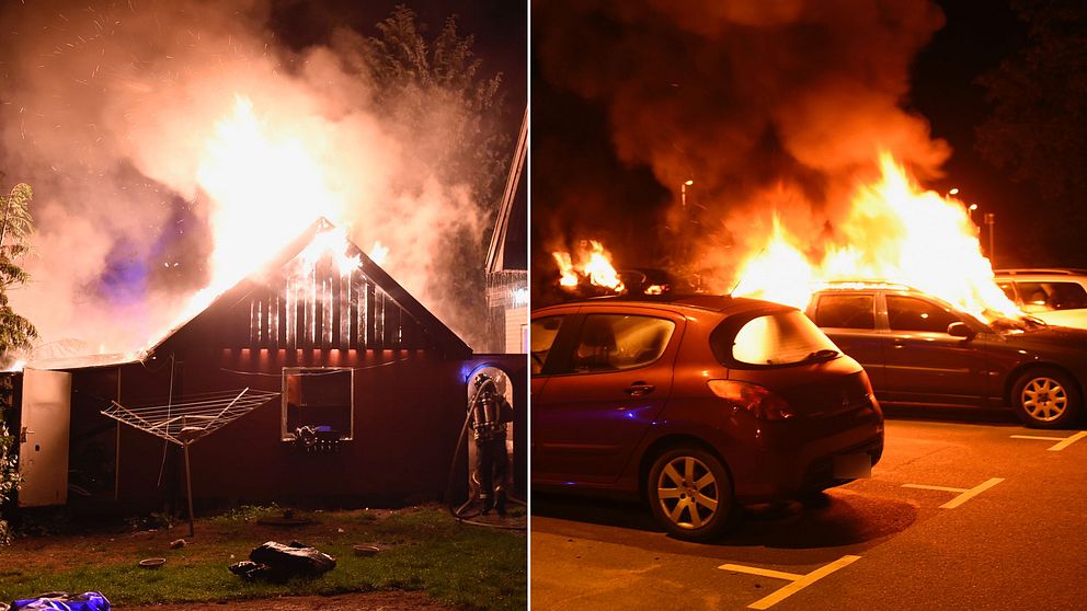 Kombination av en bild på garagebranden i Tollarp och en bild på bilbränder i centrala Kristianstad