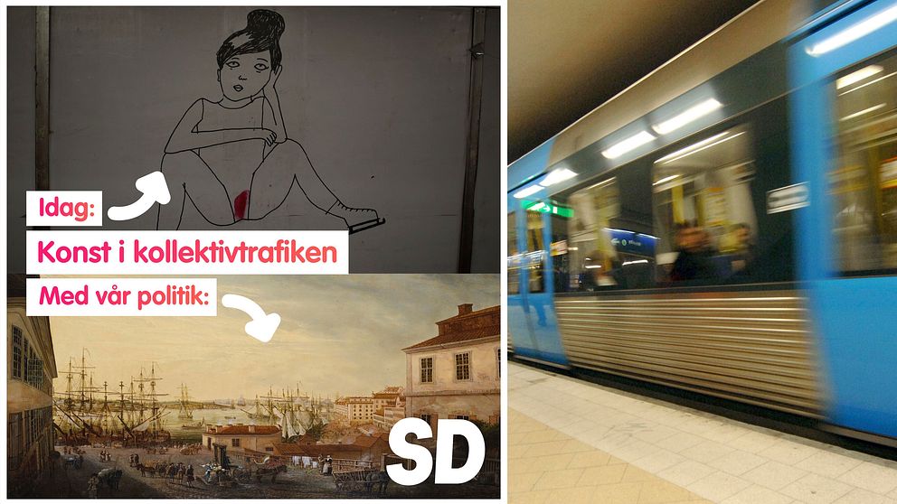 På vänster bild syns en del ur Liv Strömquists bildserie ”The Night Garden” från Slussens tunnelbanestation samt Johan Sevenboms målning ”Utsikt från Brunnsbacken över Saltsjön”. På höger bild syns en tunnelbana i Slussen.