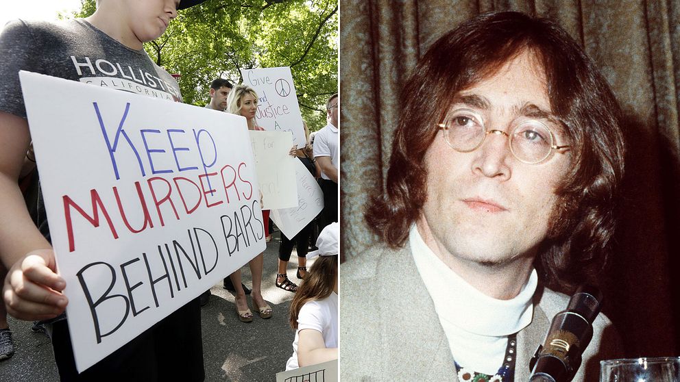 Demonstranter samlas i Central Park i New York för att kampanja mot frigivandet av Mark Chapman, som sköt John Lennon till döds 1980.