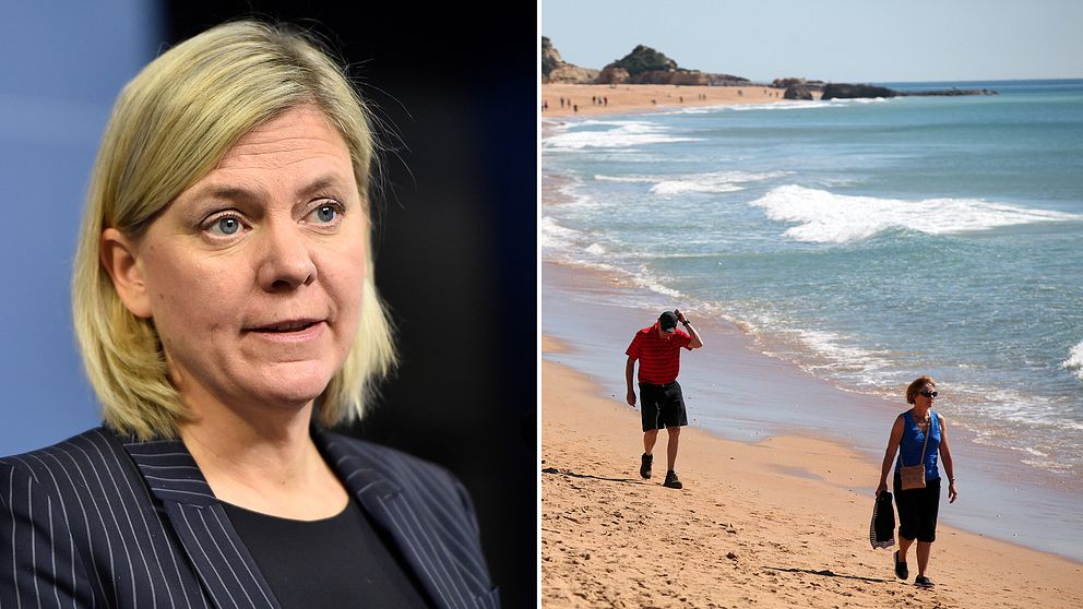 Delad bild: Först finansminister Magdalena Andersson (S), sedan en bild på människor som promenerar längs en strand i Albufeira i södra Portugal.