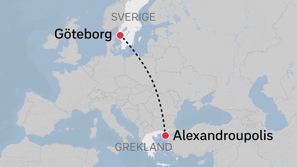 karta över europa med streckad linje mellan alexandroupolis i grekland till göteborg i sverige